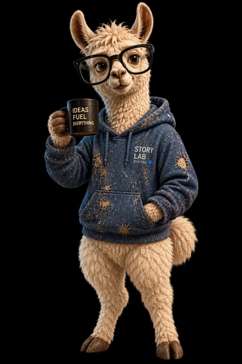 Quill, StoryLabDigital Employee Number One, holding his coffee