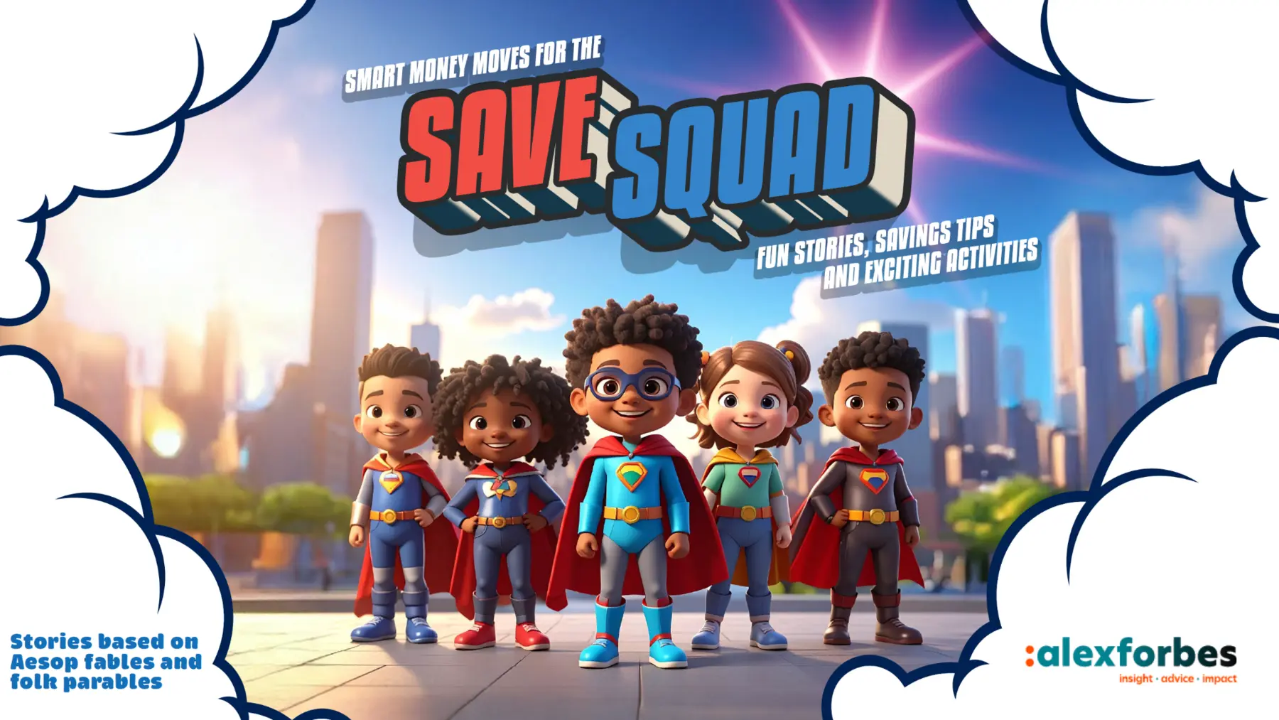 Save Squad animated heroes with the Alexforbes logo
